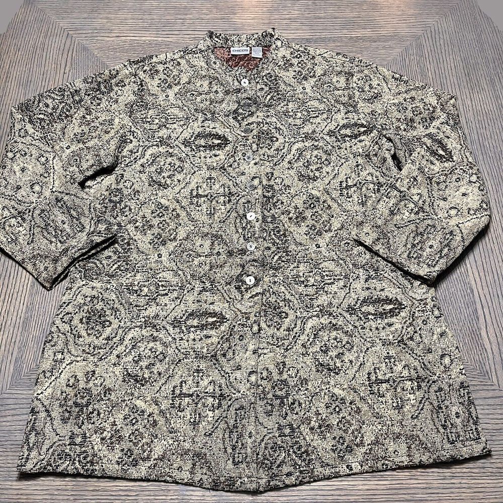 Chico's Jacket Womens Size 3 Gold Black Jacquard Tapestry Button Up Unlined